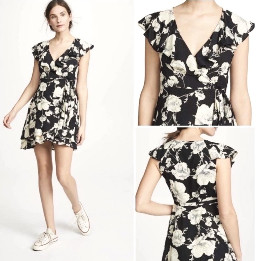 Free People French Quarter Wrap Mini Dress XS Black Cream Floral Flutter Ruffle
